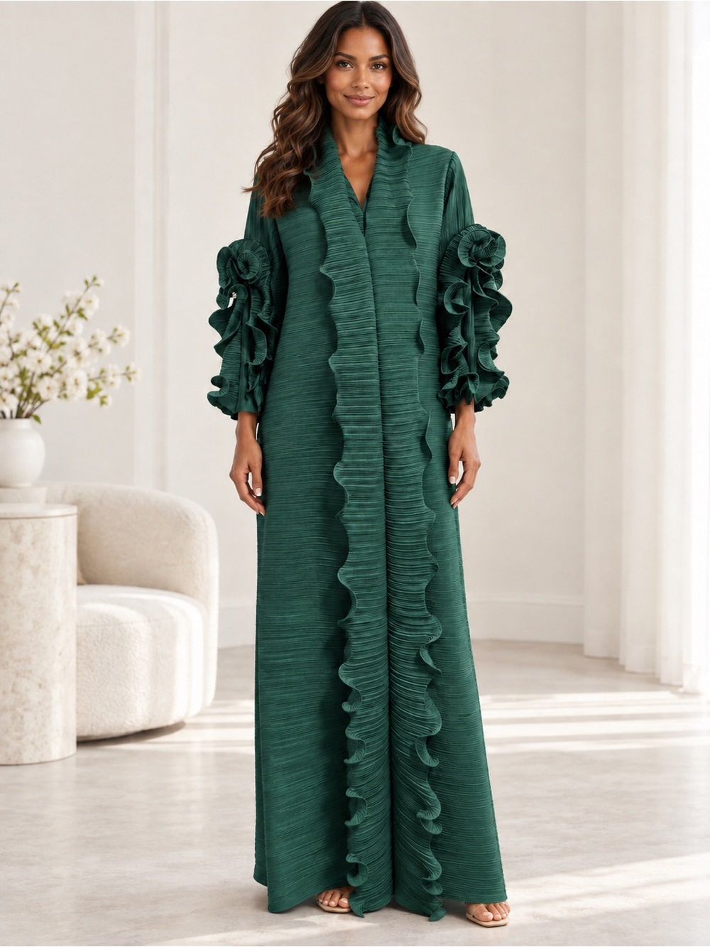 Kestiny Wear First Lady Emerald Green Pleated Ruffle Petal Sleeve Maxi Dress